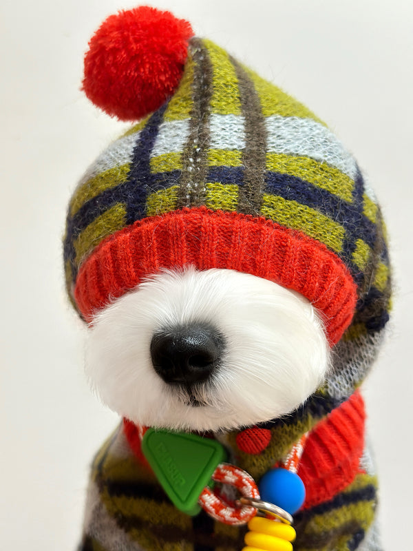 Alpaca & Mohair Check Pet Pom Beanie