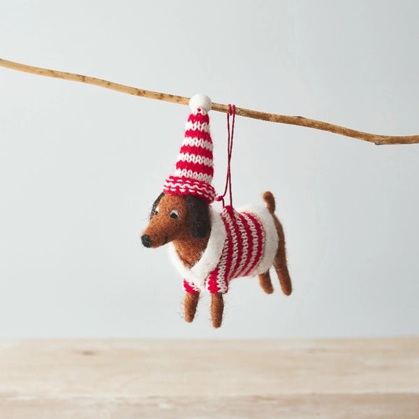 Wool Sausage Dog in Red & White Striped Jumper | Hanging Decoration