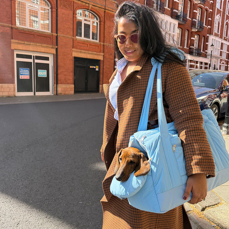 Woman carrying dachshund in blue pet carrier bag on city street