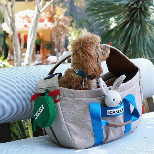 Adorable dog in stylish ICANDOR pet carrier with bunny toy, perfect for travel and outdoor adventures.